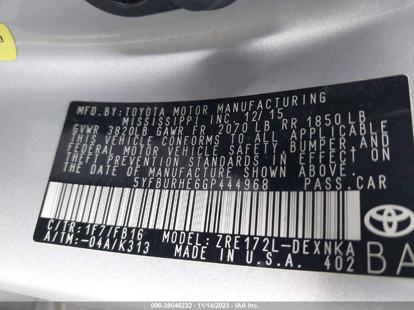 2016 TOYOTA COROLLA LE - 5YFBURHE6GP444968