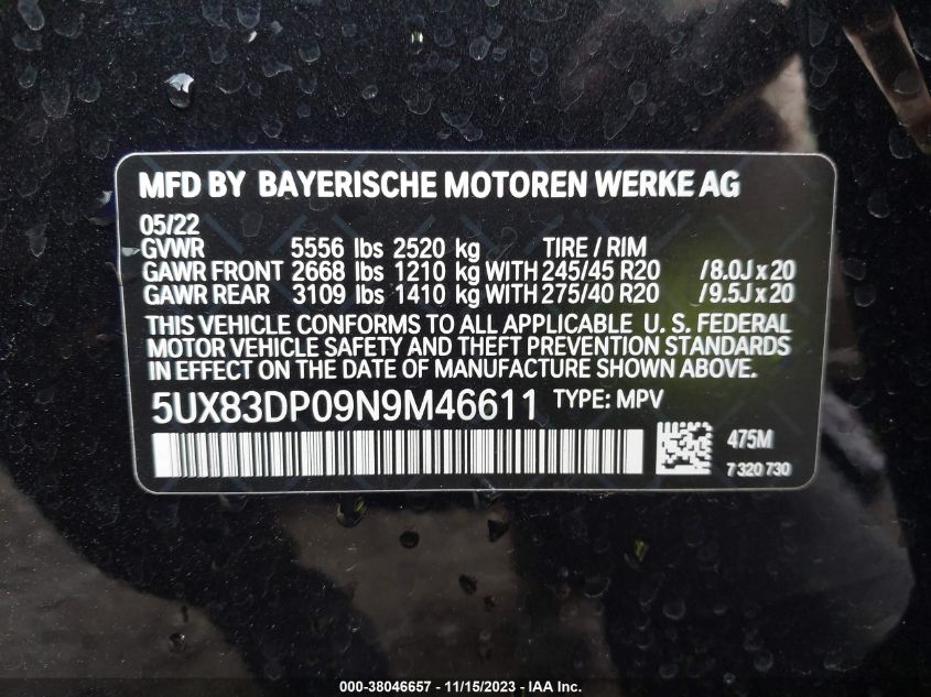 5UX83DP09N9M46611 2022 BMW X3, photo no. 9