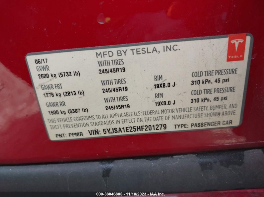 2017 TESLA MODEL S - 5YJSA1E25HF201279