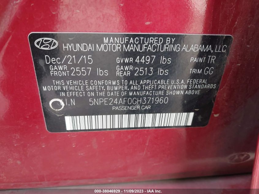 2016 HYUNDAI SONATA SE - 5NPE24AF0GH371960