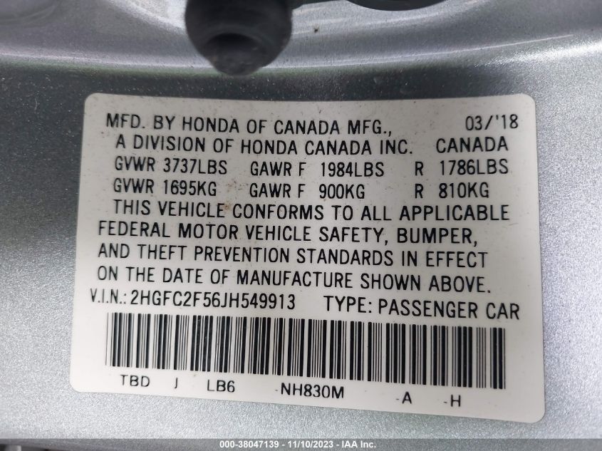 2018 HONDA CIVIC LX - 2HGFC2F56JH549913