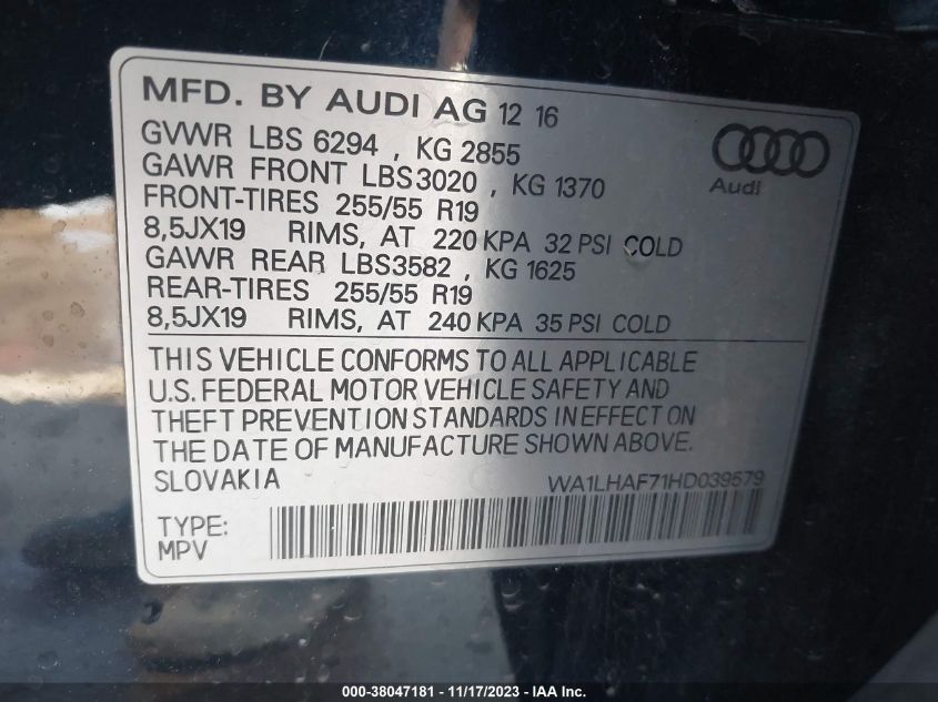 WA1LHAF71HD039579 2017 AUDI Q7, photo no. 9