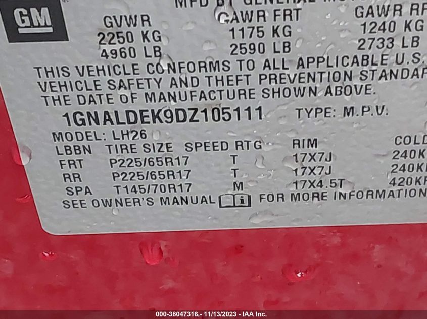 2013 CHEVROLET EQUINOX LT - 1GNALDEK9DZ105111