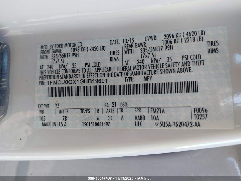 2016 FORD ESCAPE SE - 1FMCU0GX1GUB19601