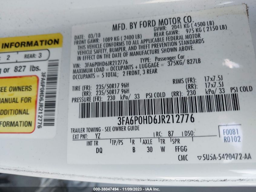 3FA6P0HD6JR212776 | 2018 FORD FUSION