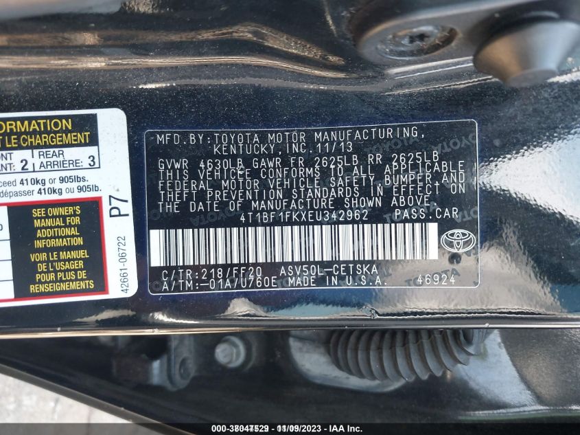 2014 TOYOTA CAMRY L/LE/XLE/SE/SE SPORT - 4T1BF1FKXEU342962