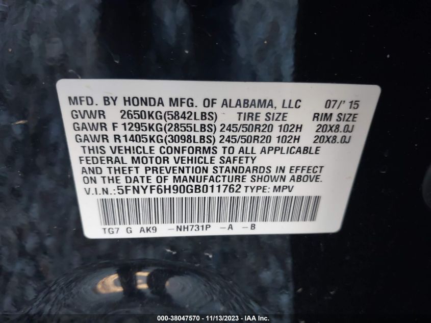 2016 HONDA PILOT TOURING - 5FNYF6H90GB011762