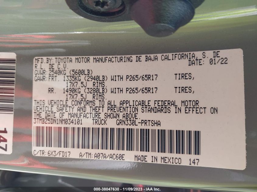2022 TOYOTA TACOMA 2WD TRD SPORT 3TMBZ5DN1NM034101