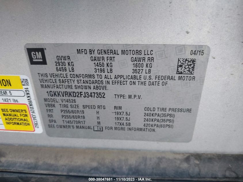 2015 GMC ACADIA SLT-1 - 1GKKVRKD2FJ347352