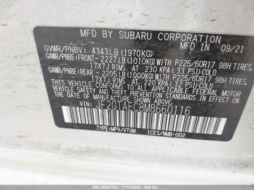 VIN JF2GTAEC8M8660116 2021 SUBARU CROSSTREK PREMIUM