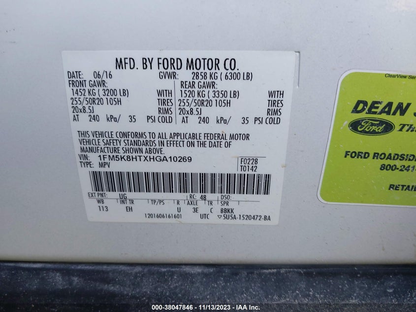 VIN 1FM5K8HTXHGA10269 2017 FORD EXPLORER PLATINUM