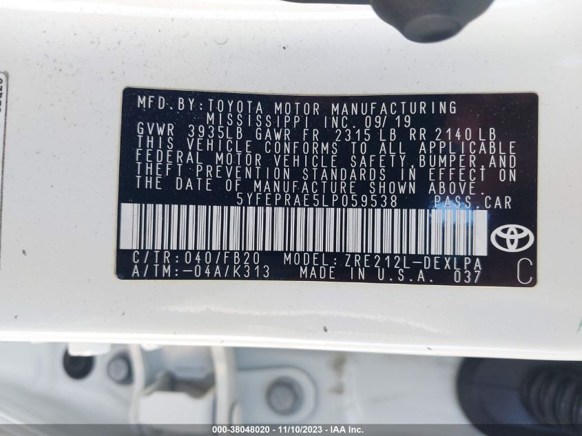 2020 TOYOTA COROLLA LE - 5YFEPRAE5LP059538