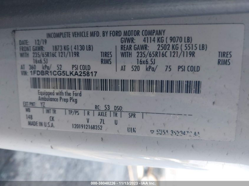 2020 FORD TRANSIT CARGO VAN 1FDBR1CG5LKA25817