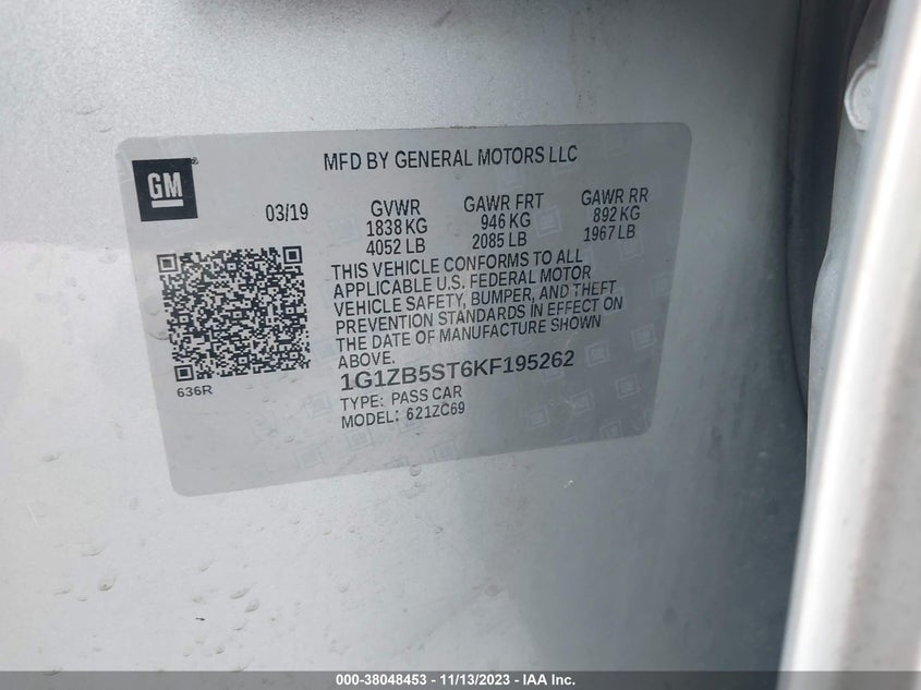 VIN 1G1ZB5ST6KF195262 2019 CHEVROLET MALIBU LS