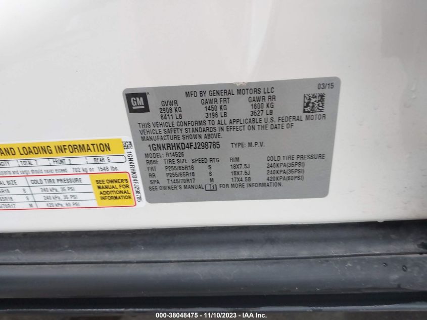 2015 CHEVROLET TRAVERSE LT - 1GNKRHKD4FJ298785