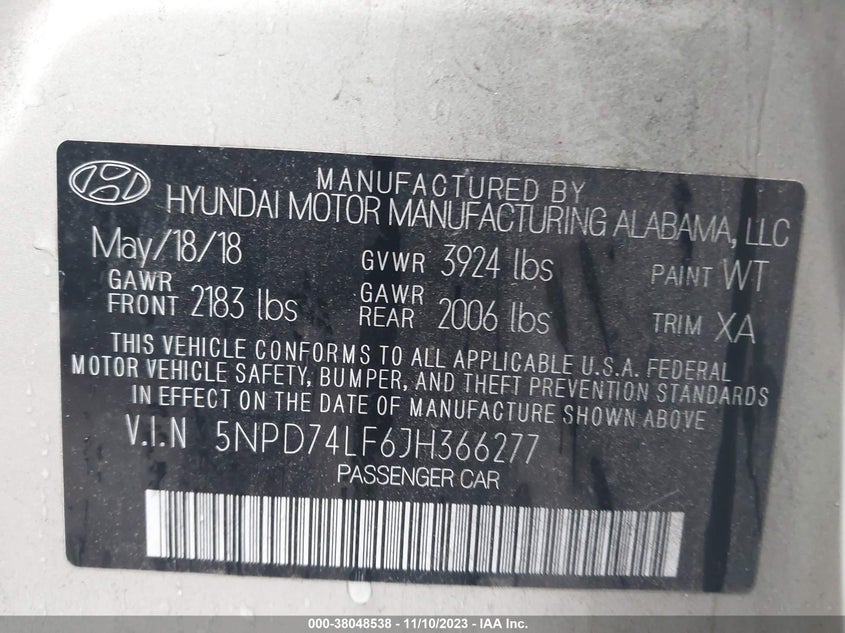 VIN 5NPD74LF6JH366277 2018 HYUNDAI ELANTRA SE
