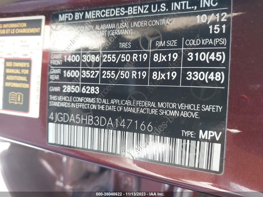 2013 MERCEDES-BENZ ML 350 4JGDA5HB3DA147166