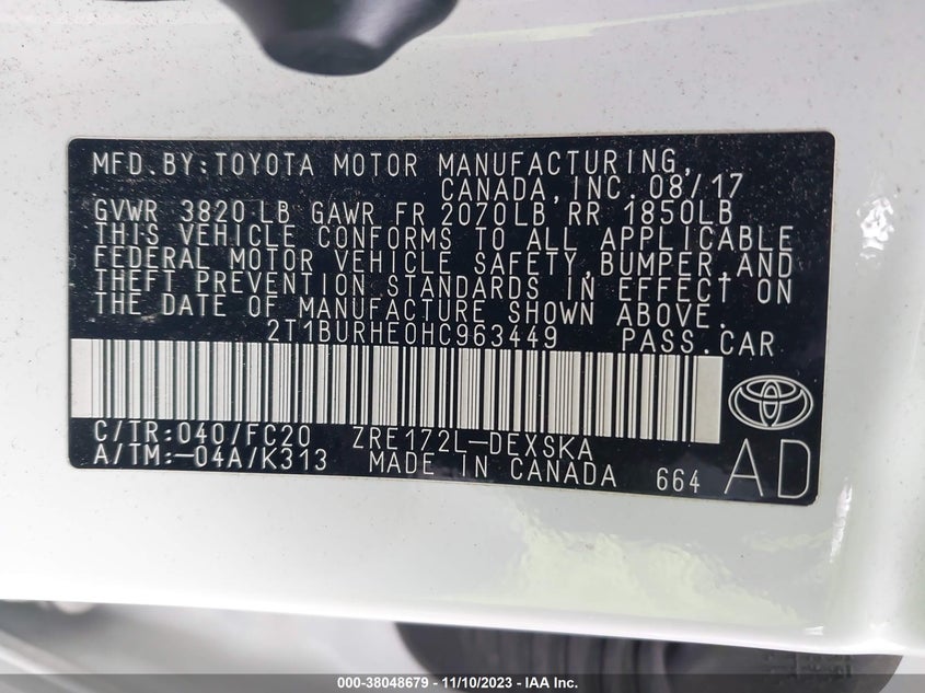 VIN 2T1BURHE0HC963449 2017 TOYOTA COROLLA L/LE/XLE/SE/XSE