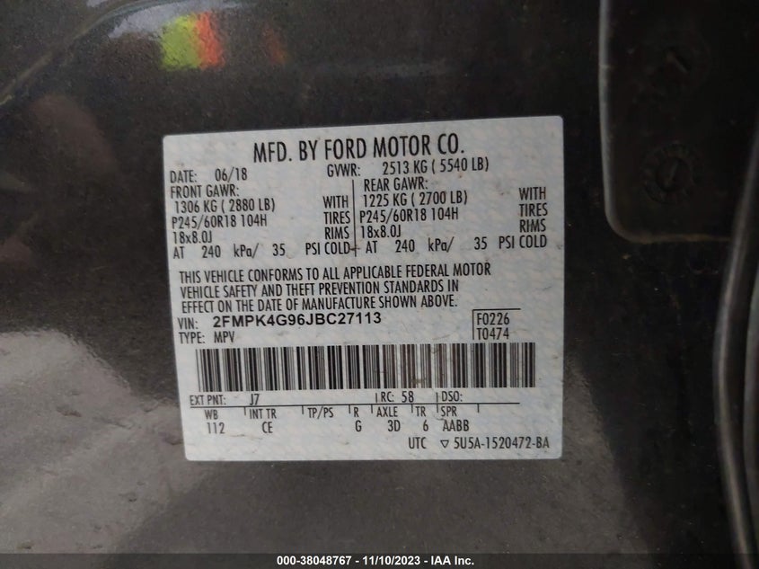 VIN 2FMPK4G96JBC27113 2018 FORD EDGE SE