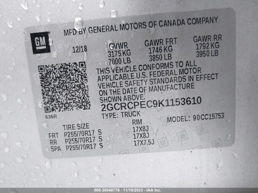 2019 CHEVROLET SILVERADO 1500 LD LT 2GCRCPEC9K1153610