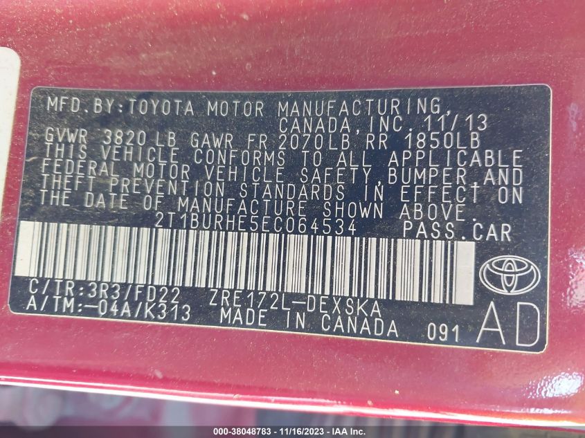 2014 TOYOTA COROLLA S PLUS - 2T1BURHE5EC064534