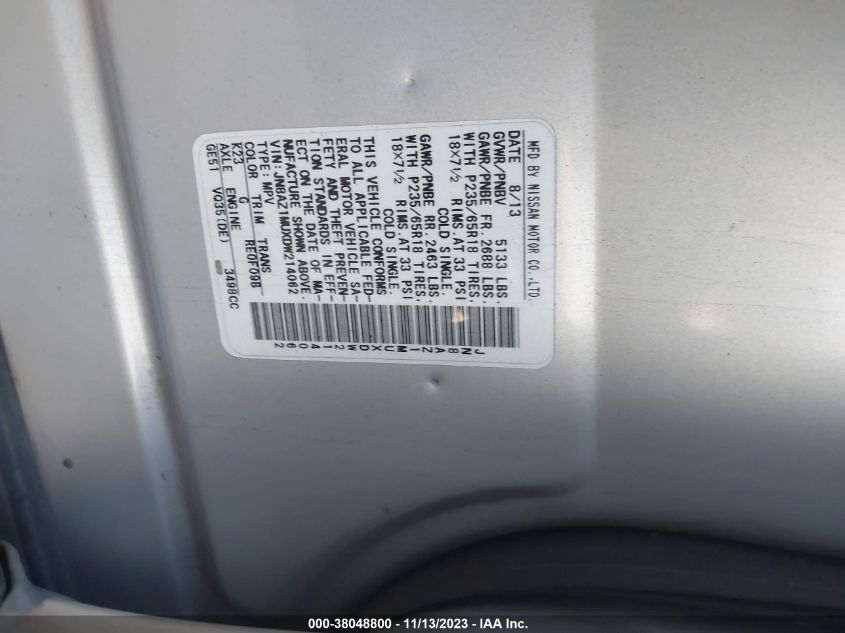 2013 NISSAN MURANO S - JN8AZ1MUXDW214062