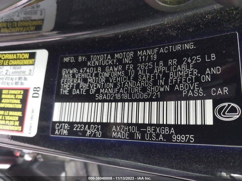 VIN 58AD21B18LU006721 2020 LEXUS ES 300H
