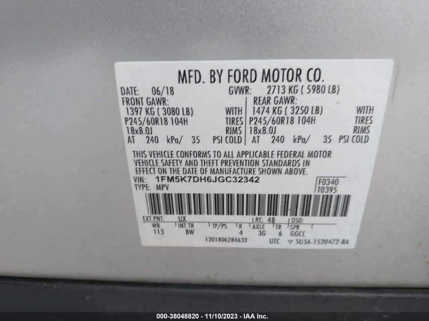 2018 FORD EXPLORER XLT - 1FM5K7DH6JGC32342