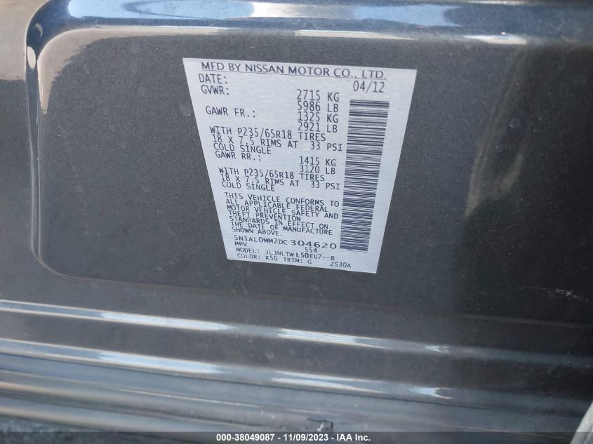 2013 INFINITI JX35 5N1AL0MM2DC304620