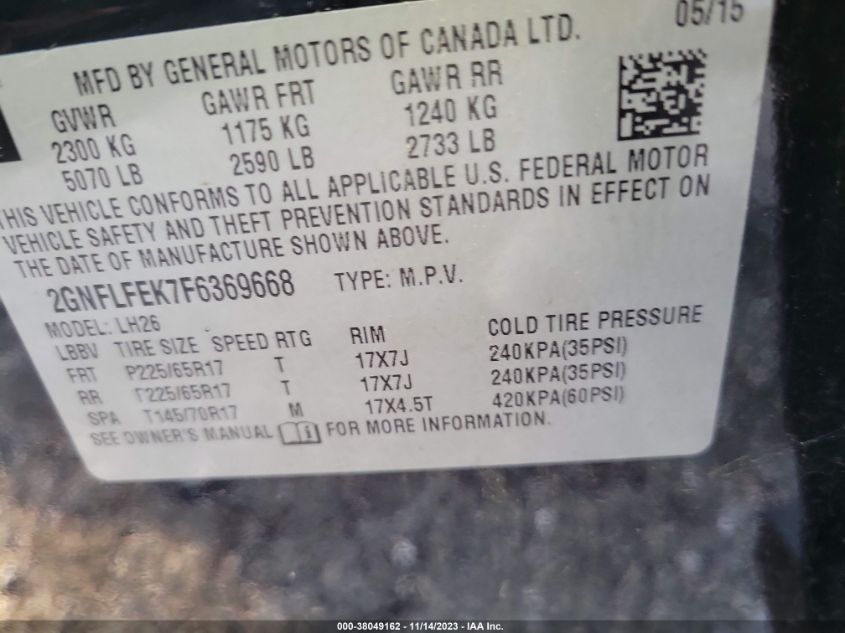 2015 CHEVROLET EQUINOX LT - 2GNFLFEK7F6369668