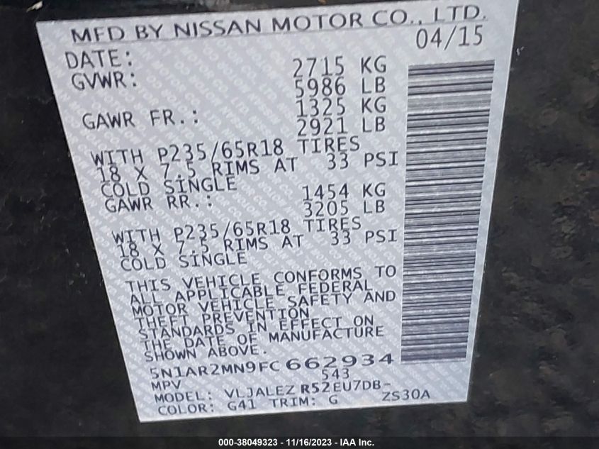 2015 NISSAN PATHFINDER PLATINUM/S/SL/SV - 5N1AR2MN9FC662934