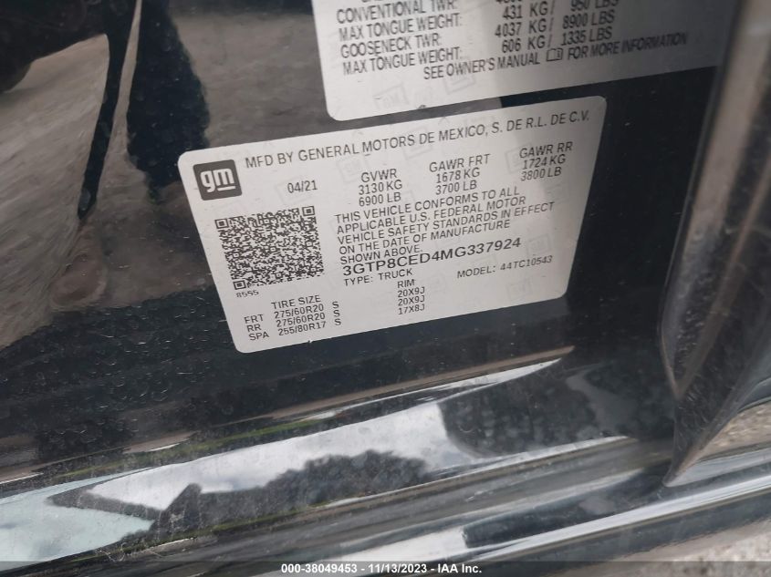 2021 GMC SIERRA 1500 ELEVATION - 3GTP8CED4MG337924