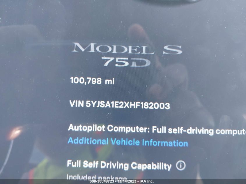 5YJSA1E2XHF182003 | 2017 TESLA MODEL S