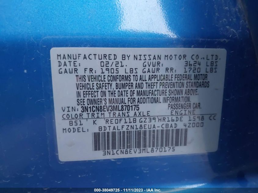 2021 NISSAN VERSA SV - 3N1CN8EV3ML870175