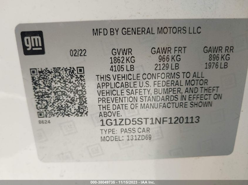 2022 CHEVROLET MALIBU LT - 1G1ZD5ST1NF120113