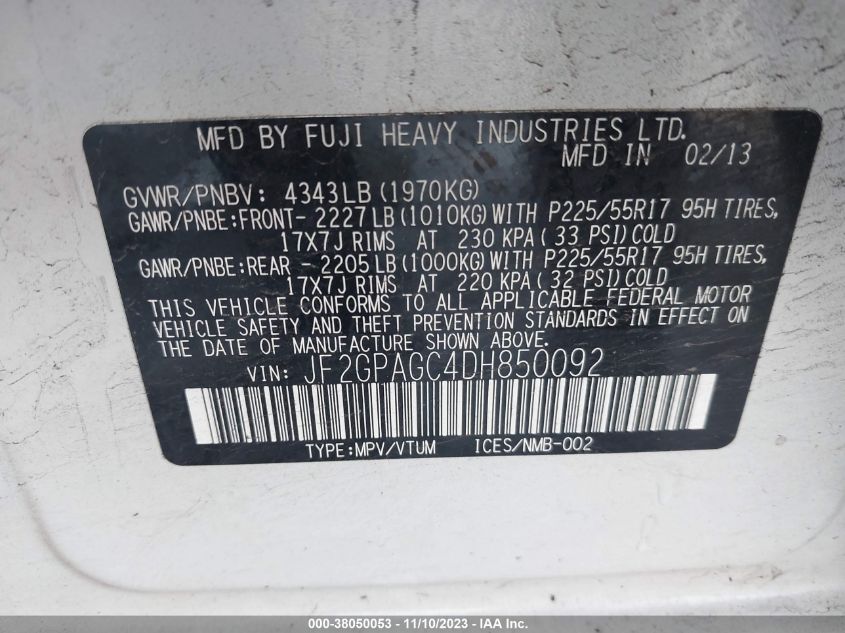 2013 SUBARU XV CROSSTREK 2.0I LIMITED - JF2GPAGC4DH850092