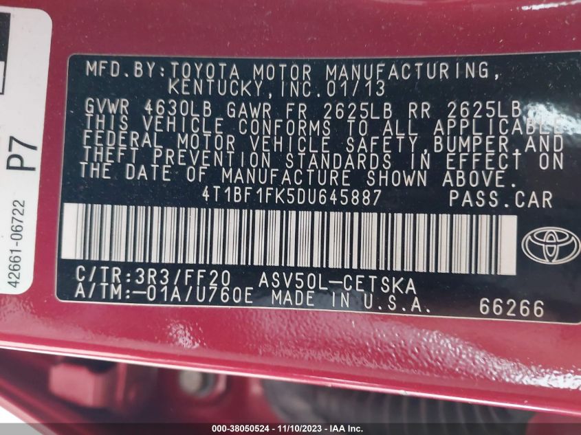 2013 TOYOTA CAMRY SE 4T1BF1FK5DU645887