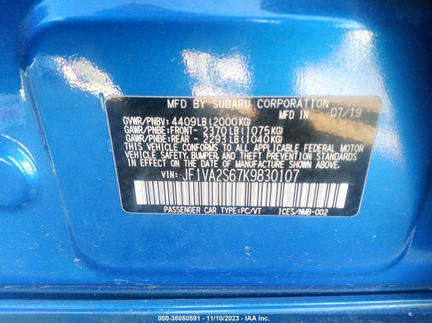 VIN JF1VA2S67K9830107 2019 SUBARU WRX no.9