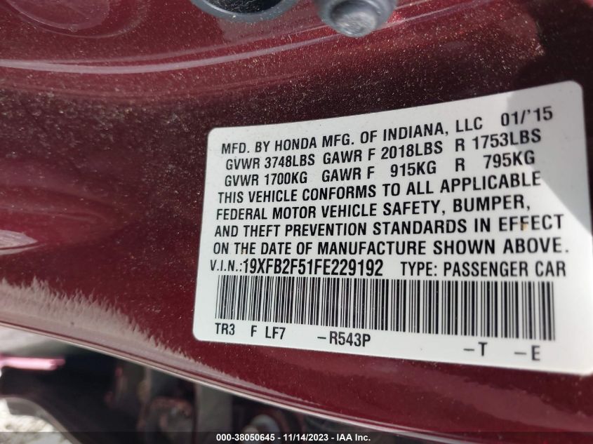 2015 HONDA CIVIC LX - 19XFB2F51FE229192