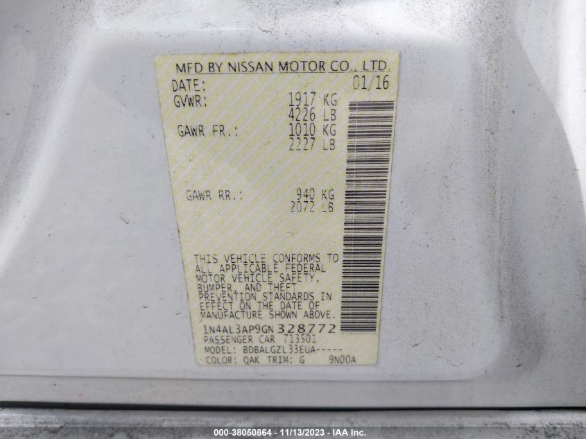 2016 NISSAN ALTIMA 2.5/S/SV/SL/SR - 1N4AL3AP9GN328772