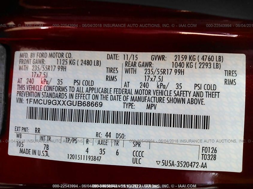 2016 FORD ESCAPE SE 1FMCU9GXXGUB68669