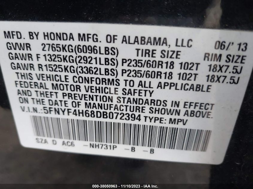 2013 HONDA PILOT EXL - 5FNYF4H68DB072394
