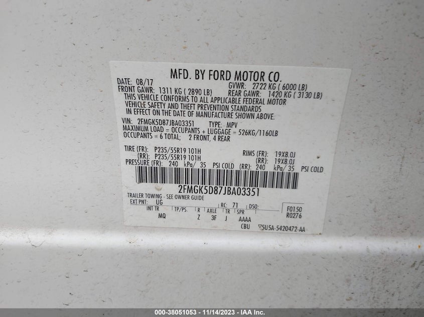 VIN 2FMGK5D87JBA03351 2018 FORD FLEX LIMITED
