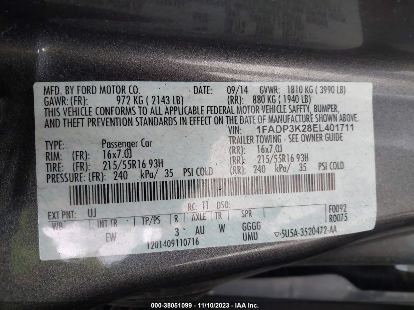 2014 FORD FOCUS SE - 1FADP3K28EL401711