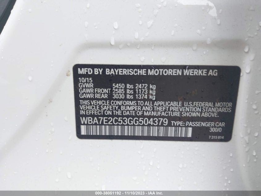 2016 BMW 740I WBA7E2C53GG504379