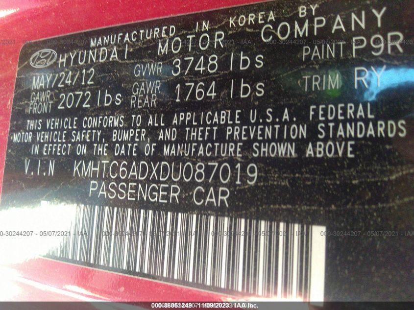 2013 HYUNDAI VELOSTER W/GRAY INT - KMHTC6ADXDU087019