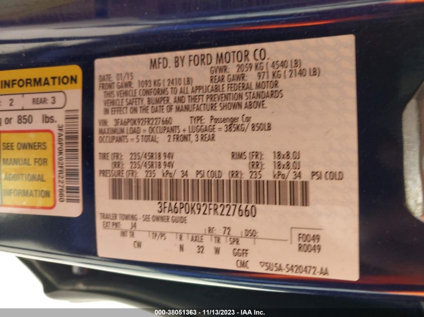 2015 FORD FUSION TITANIUM - 3FA6P0K92FR227660