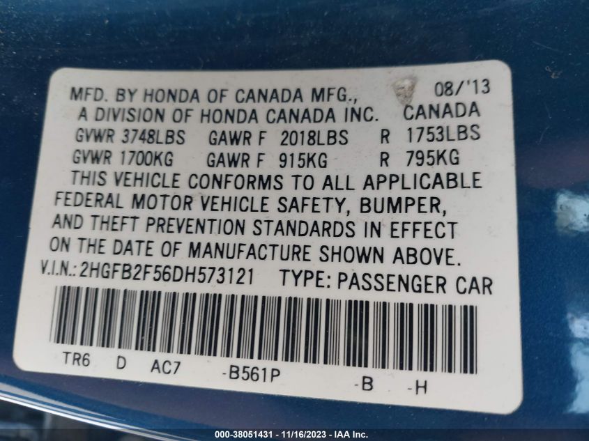 2013 HONDA CIVIC LX - 2HGFB2F56DH573121