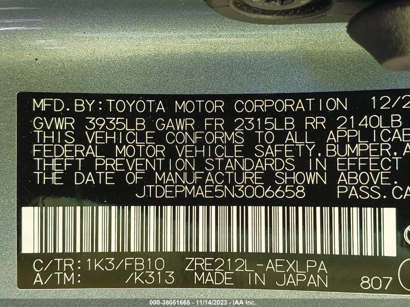 2022 TOYOTA COROLLA LE - JTDEPMAE5N3006658