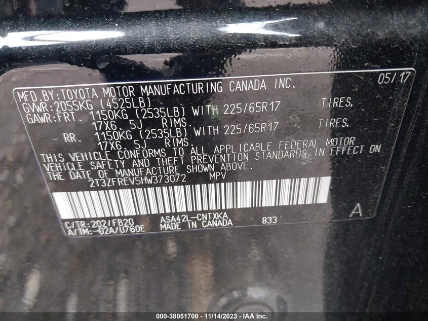 VIN 2T3ZFREV5HW373072 2017 TOYOTA RAV4 LE